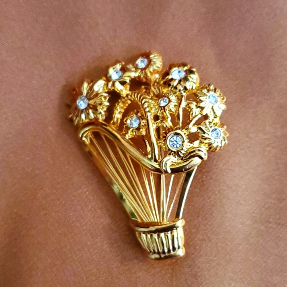 Vintage Monet Bouquet of Flowers in Basket Brooch